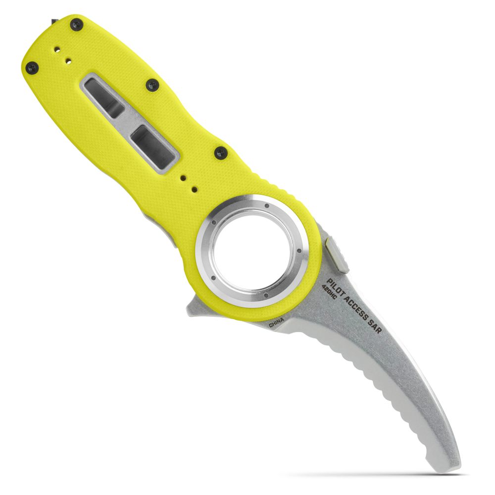 The NRS Pilot Access SAR Knife features a yellow handle, silver serrated blade, and large circular hole near the base—designed for quick, safe action in emergencies.