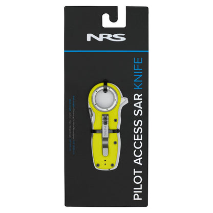 A yellow NRS Pilot Access SAR Knife is displayed in black packaging with blue and white text. The knife is secured inside with plastic brackets.