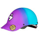 The Sweet Protection Strutter Helmet features a gradient purple-to-blue design, a white stylized "S" logo, gold "LFT" sticker on the visor, and is crafted from long fiber thermoplastic for superior whitewater protection.