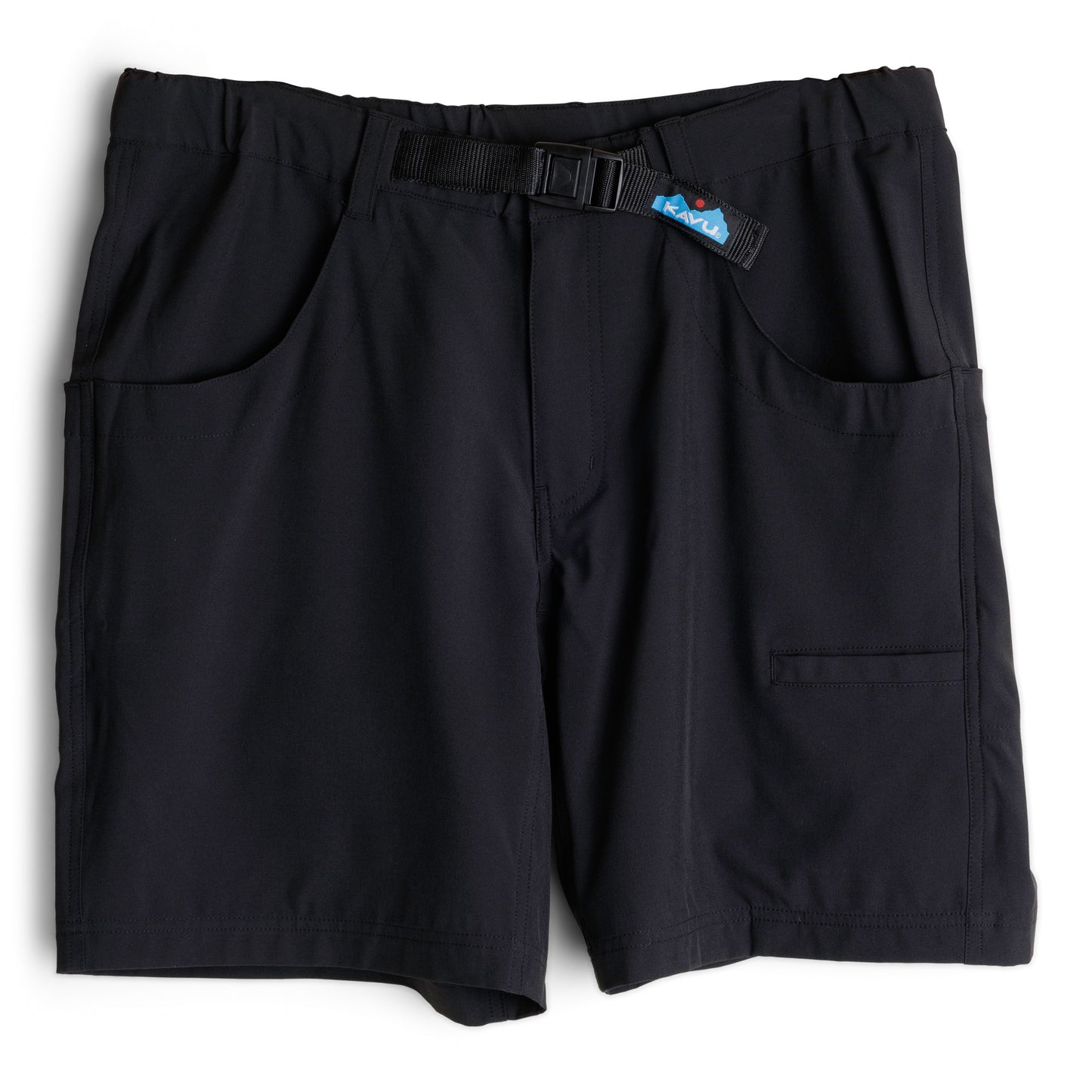 The Kavu Chilli H20 Shorts are black hybrid walk shorts featuring front and side pockets, an integrated buckle belt, and a small blue logo tag near the waistband.
