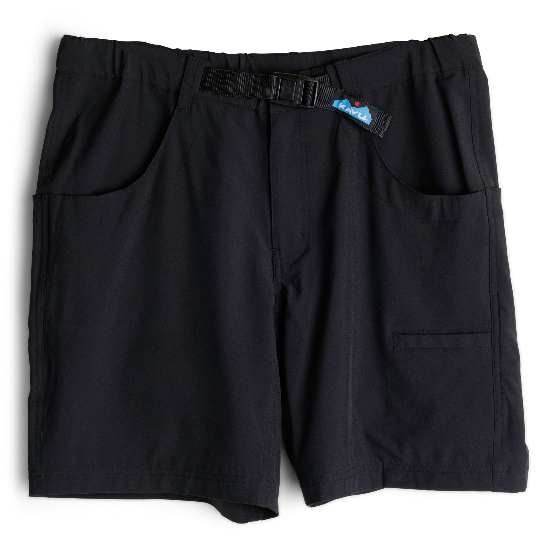 The Kavu Chilli H20 Shorts are black hybrid walk shorts featuring front and side pockets, an integrated buckle belt, and a small blue logo tag near the waistband.