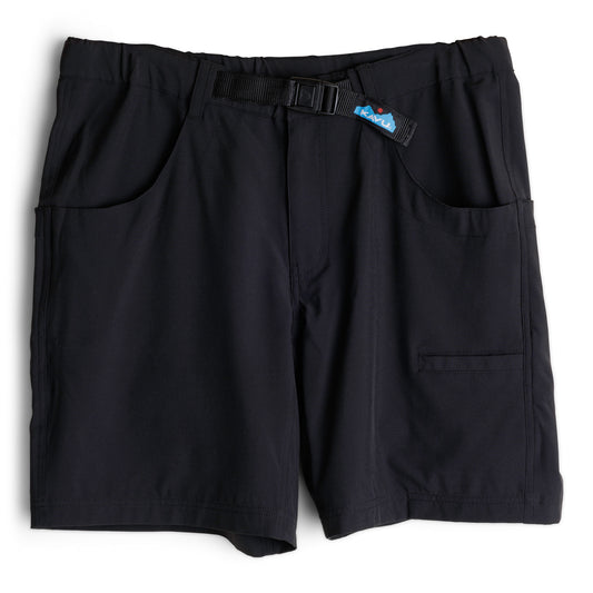 The Kavu Chilli H20 Shorts are black hybrid walk shorts featuring front and side pockets, an integrated buckle belt, and a small blue logo tag near the waistband.
