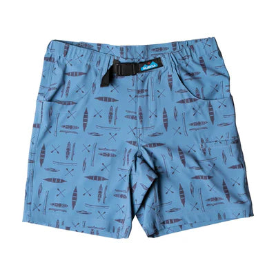 Kavu Chilli H20 Shorts for men in blue feature canoes and paddles in a darker shade, a black buckle belt, and quick-dry hybrid fabric—perfect versatile walk shorts for any adventure. Displayed on a white background.