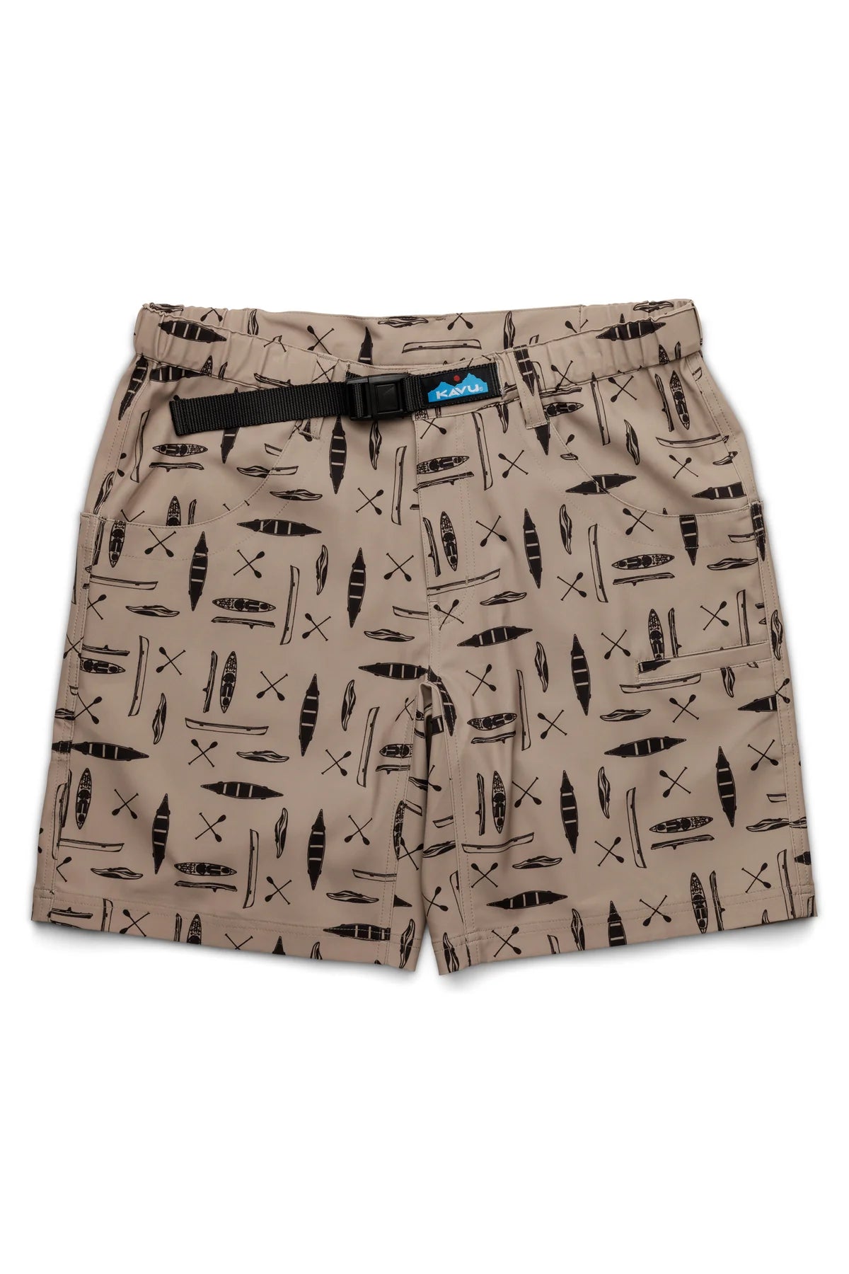 The Kavu Chilli H20 Shorts are tan hybrid walk shorts with an all-over black surfboard and paddle print, made from quick-dry fabric. They feature an adjustable waistband with a black buckle and side pockets.
