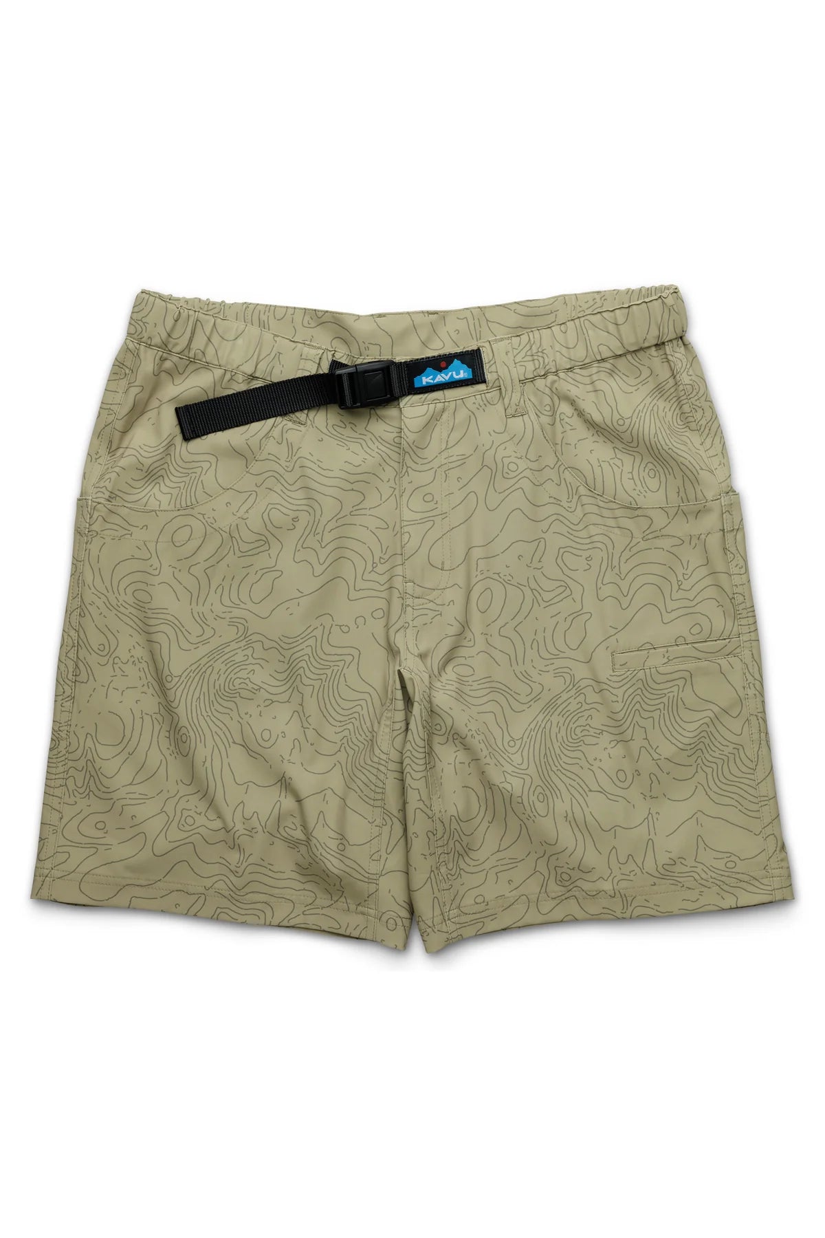 Kavu Chilli H20 Shorts feature a khaki hybrid design with a subtle topographic map pattern, adjustable black waist belt, quick-dry fabric, and a blue logo tag above the belt.