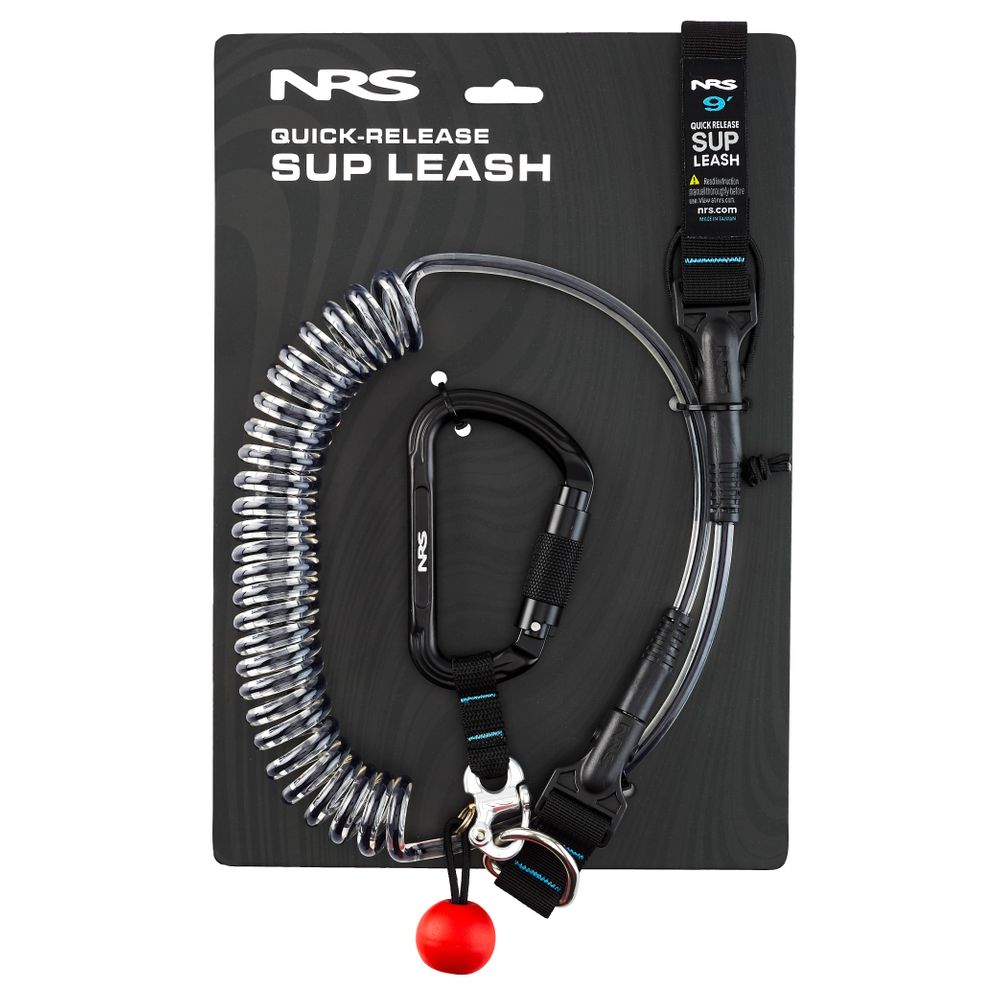 The NRS Quick-Release SUP Leash includes a coiled leash, quick-release buckle, carabiner, and red float attachment to keep your PFD securely connected.