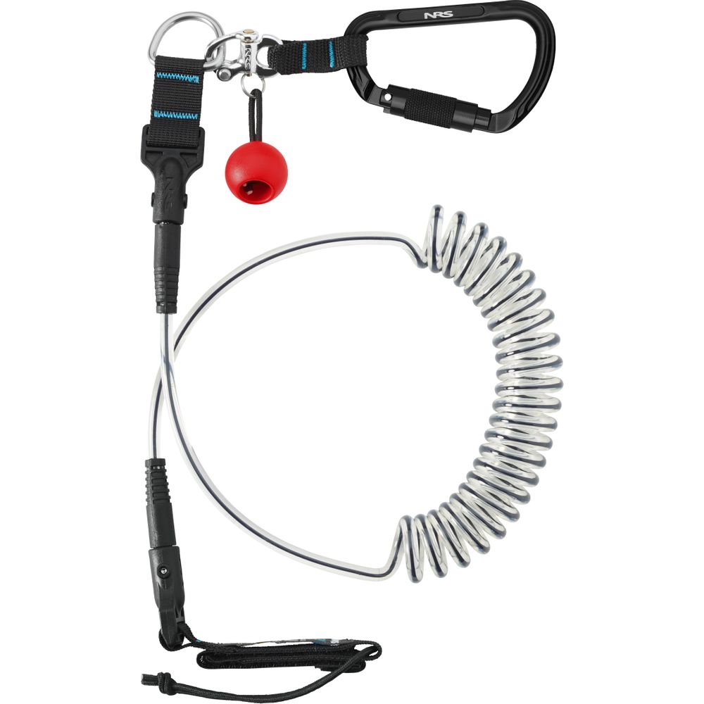NRS Quick-Release SUP Leash features a coiled design with a quick-release carabiner, clip, and red ball.
