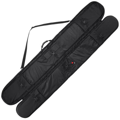 The black double rifle case, fully opened, includes a shoulder strap, side handles, and buckle closures. It features a padded fleece liner similar to the NRS SUP / Whitewater Paddle Bag for added protection.