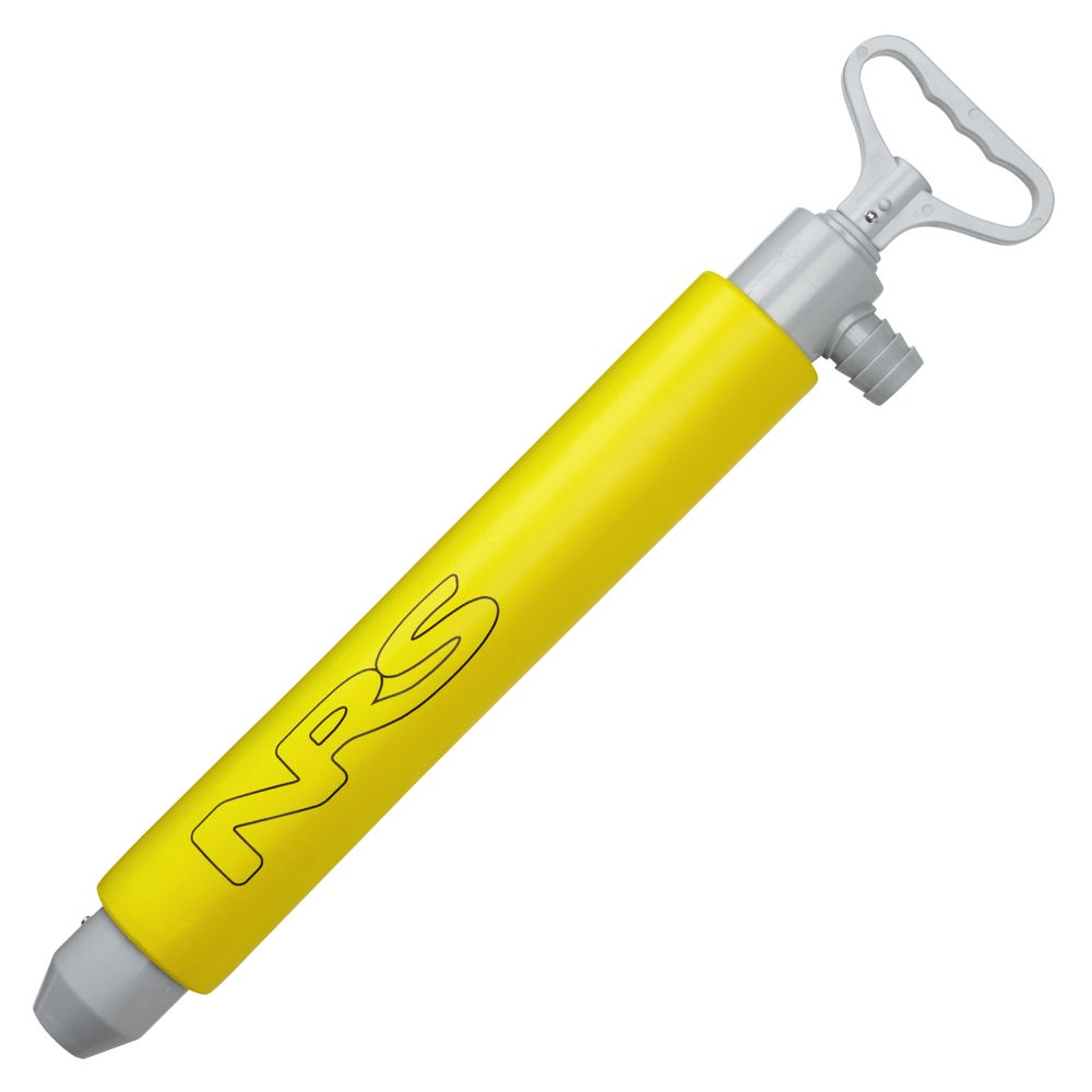 The NRS Bilge Pump, featuring a grey handle and nozzle with yellow accents, efficiently removes unwanted water from kayaks.