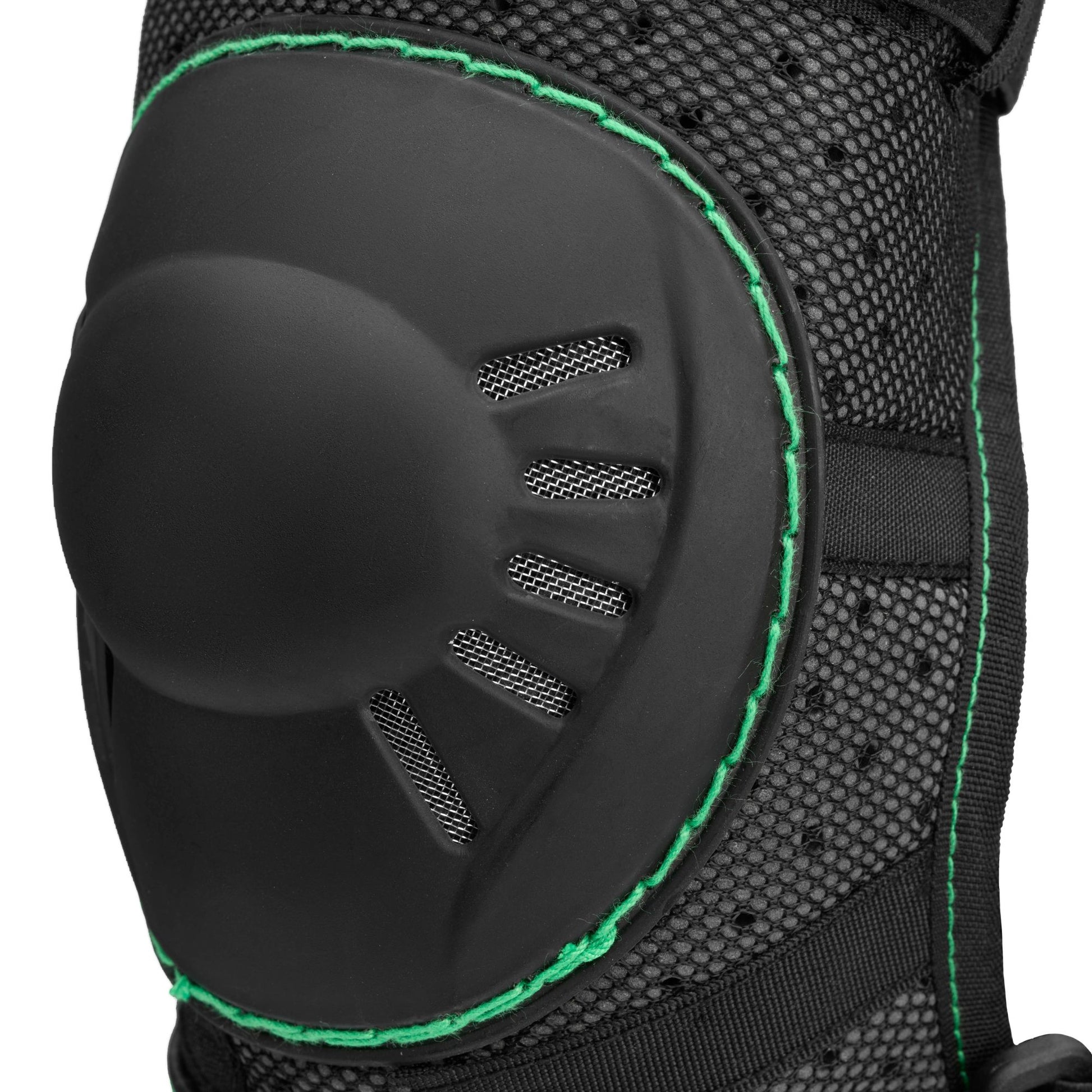 Close-up of NRS Go Left Elbow Pads in black with green stitching and mesh fabric details, ideal for paddlers seeking reliable protective gear.