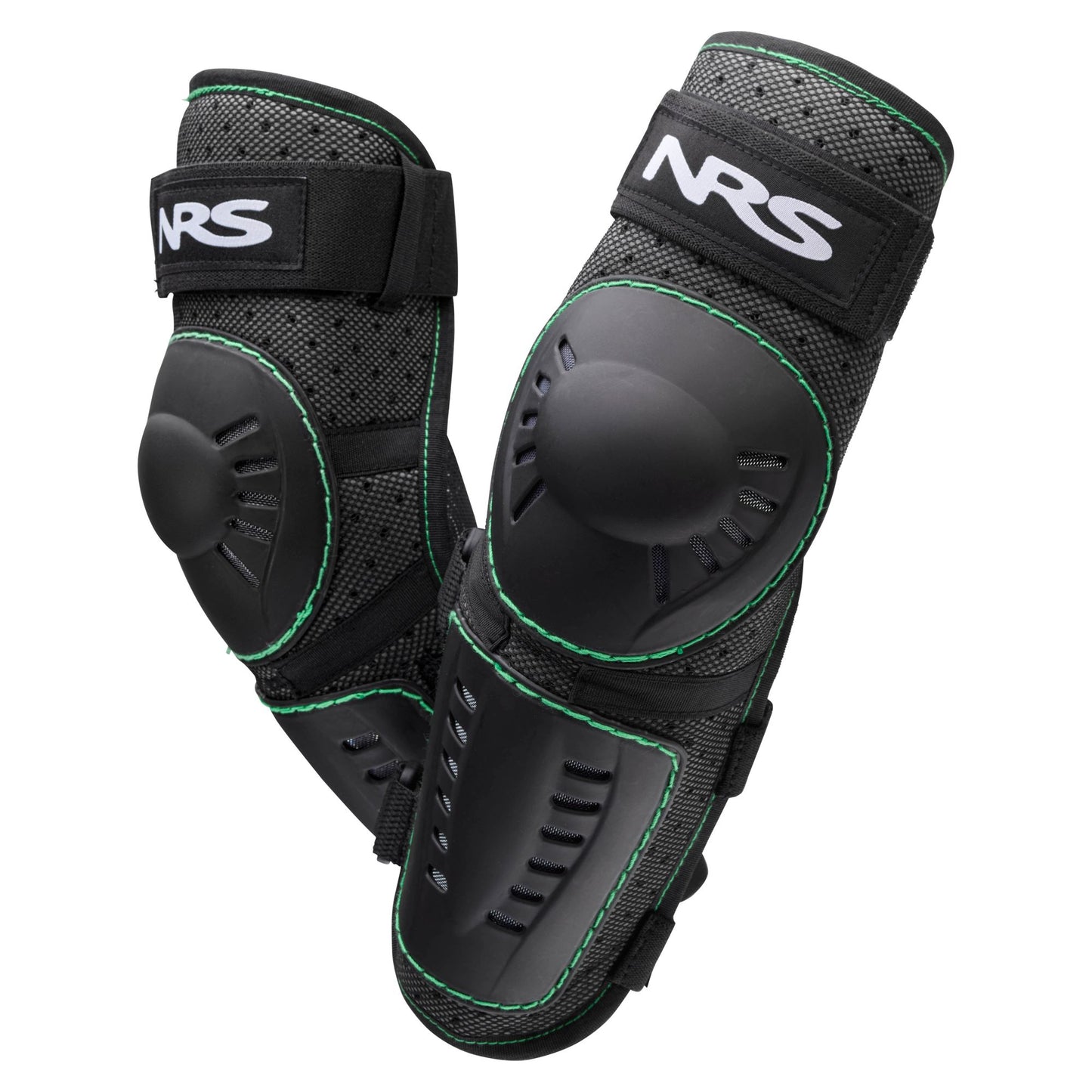 The NRS Go Left Elbow Pads feature black design with green stitching and adjustable straps, providing essential protection for paddling and outdoor sports activities.