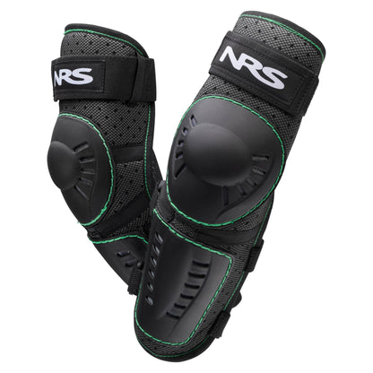 The NRS Go Left Elbow Pads feature black design with green stitching and adjustable straps, providing essential protection for paddling and outdoor sports activities.