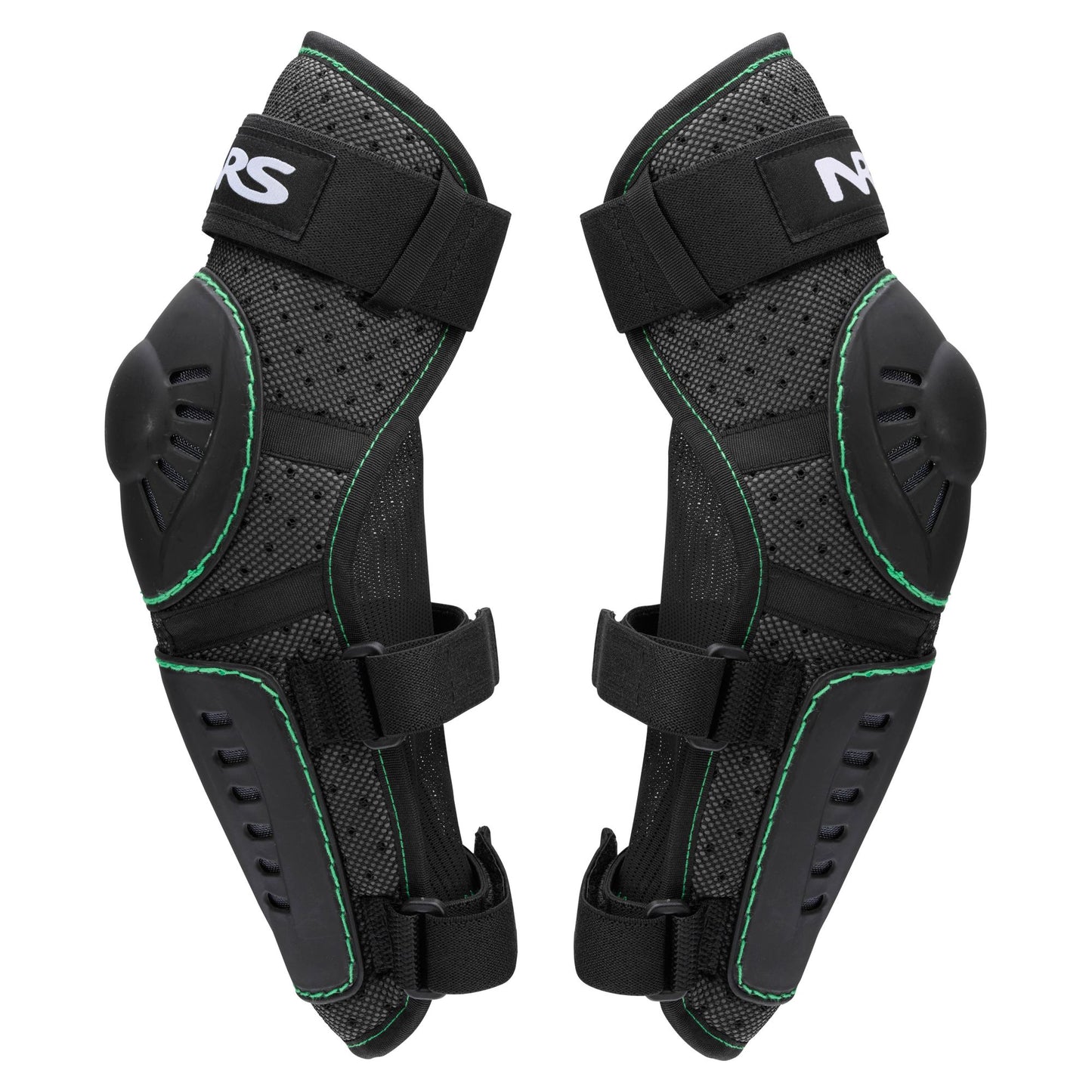 A pair of NRS Go Left Elbow Pads in black and gray with padded protection, adjustable straps, and green stitching—ideal protective gear for whitewater paddling adventures.