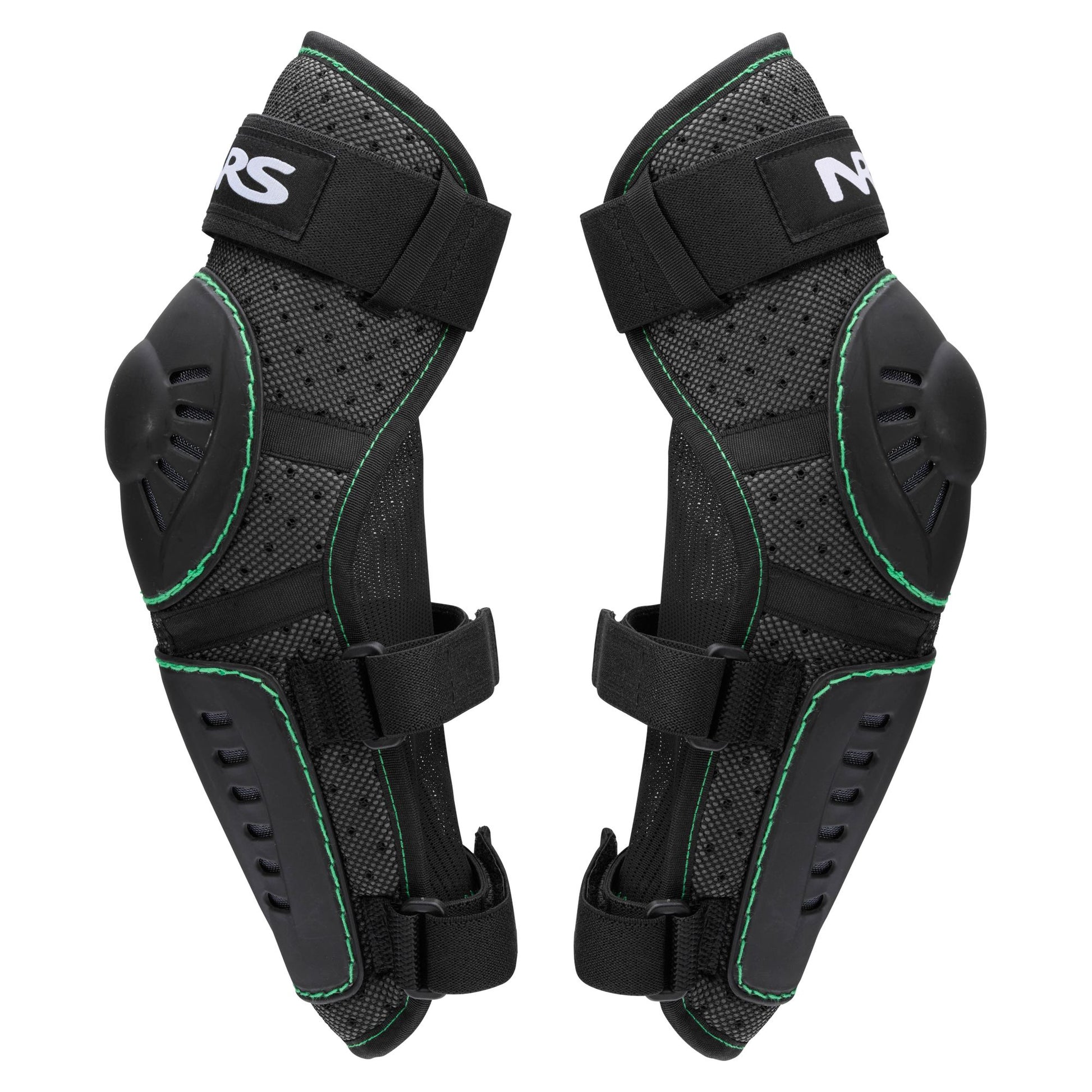 A pair of NRS Go Left Elbow Pads in black and gray with padded protection, adjustable straps, and green stitching—ideal protective gear for whitewater paddling adventures.