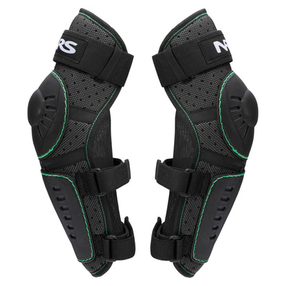 A pair of NRS Go Left Elbow Pads in black and gray with padded protection, adjustable straps, and green stitching—ideal protective gear for whitewater paddling adventures.