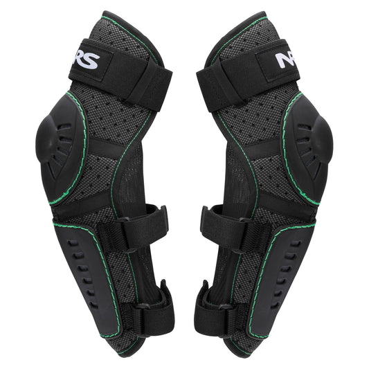 A pair of NRS Go Left Elbow Pads in black and gray with padded protection, adjustable straps, and green stitching—ideal protective gear for whitewater paddling adventures.