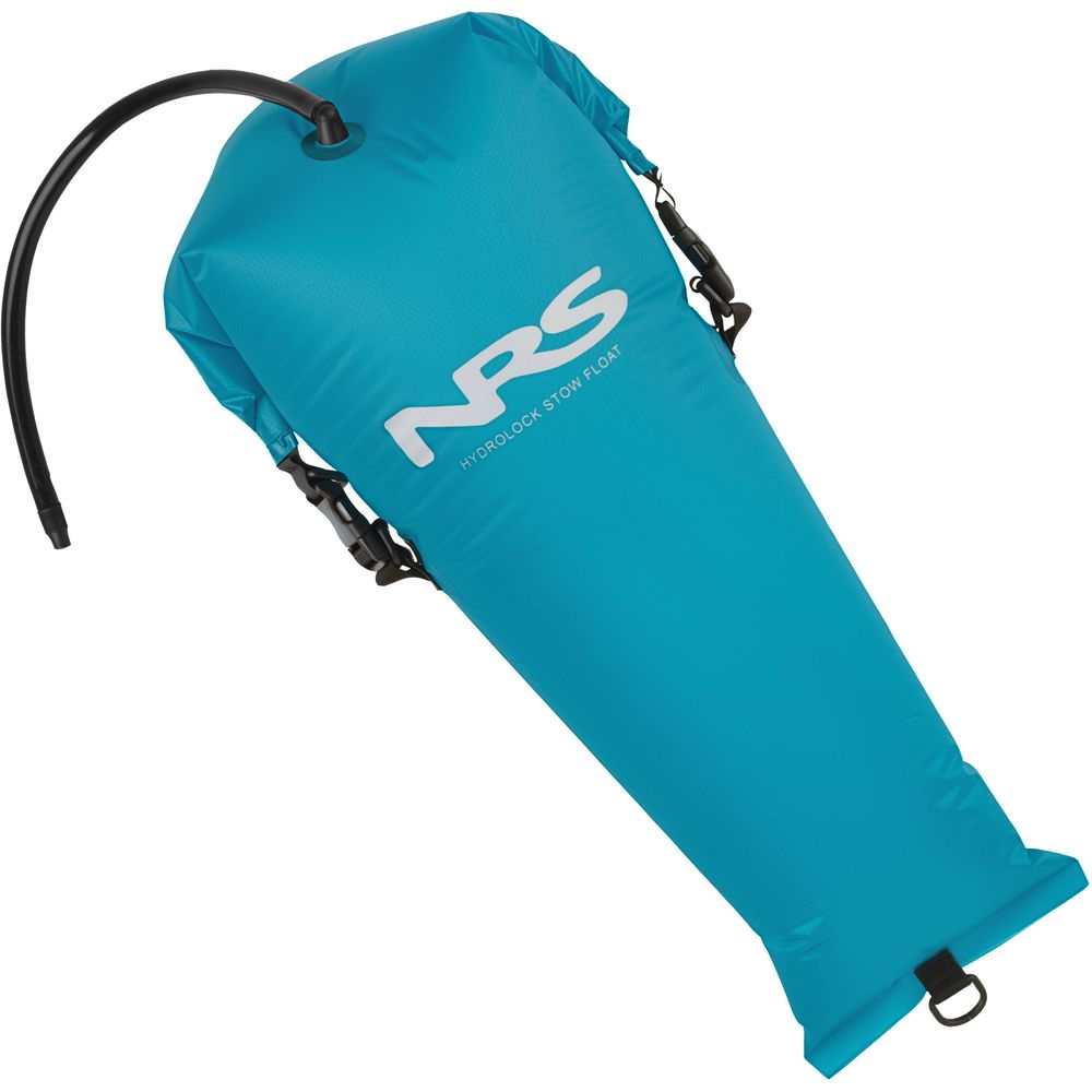 The NRS HydroLock Kayak Stow Float is a blue float bag with an attached hose and buckles, providing kayak flotation and dry bag security.