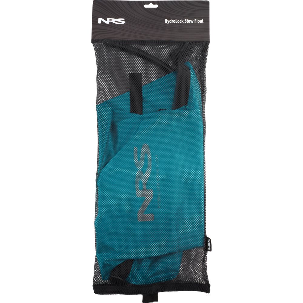 The NRS HydroLock Kayak Stow Float, in teal, is packaged in a black mesh bag with a handle and features the NRS logo, providing reliable flotation for your kayak adventures.