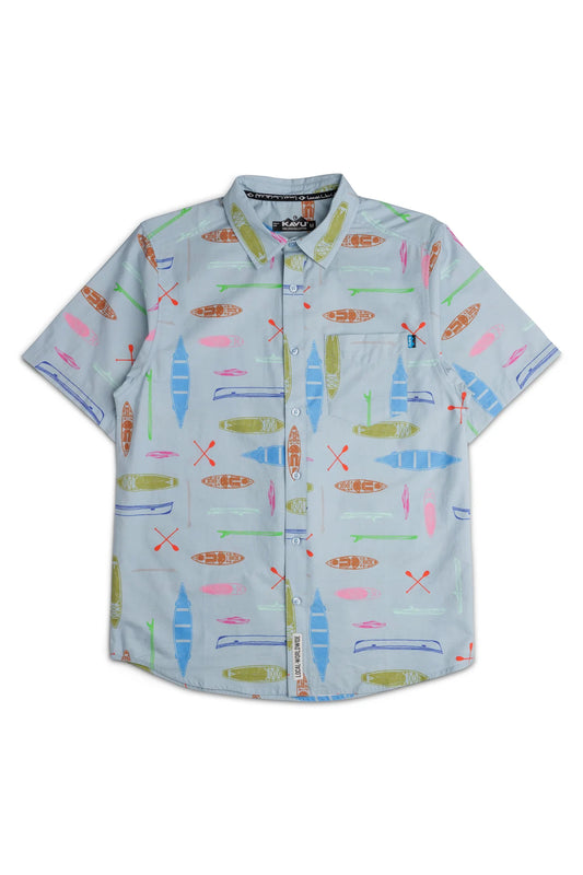 The Kavu Festaruski by Kavu is a short-sleeve casual fit button-up featuring a light blue background with colorful kayak and paddle prints—perfect for your next summer party.