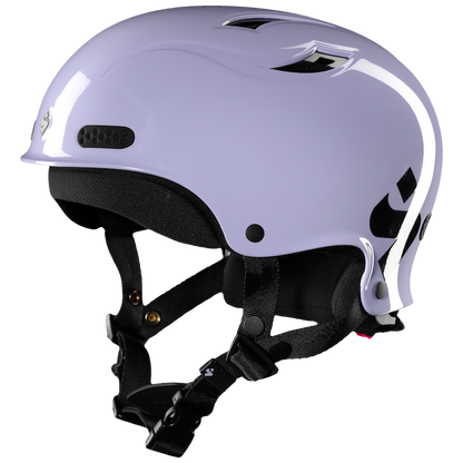 The Sweet Protection Wanderer II Helmet is a purple skiing essential with black adjustable straps and an Occigrip tensioning system for a secure fit. It boasts a glossy finish, ventilation holes for comfort, and an impact-resistant design for durability on the slopes.