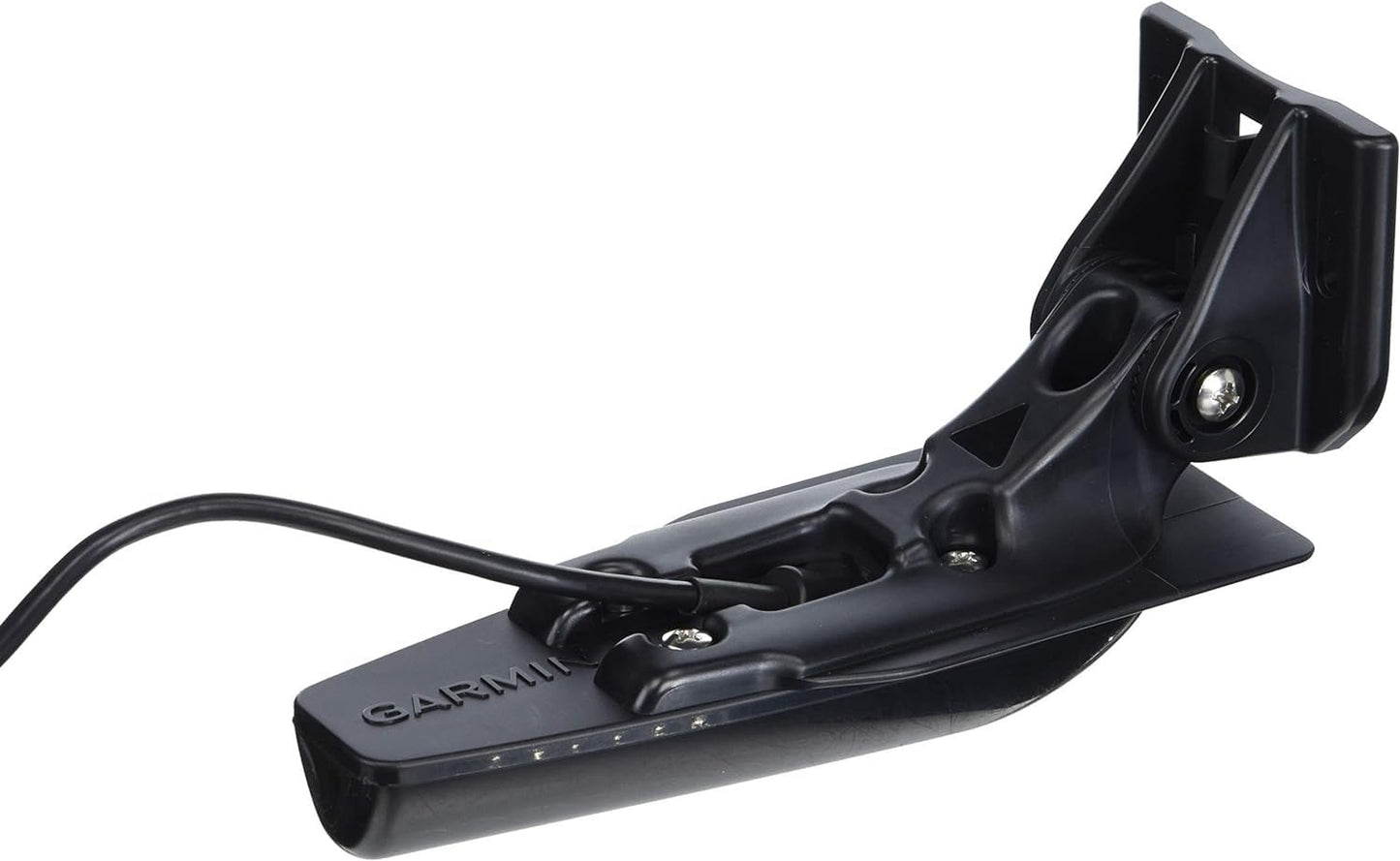 A black Garmin transducer with mounting bracket and cable, designed for use with Striker Vivid Fish Finders sonar technology.