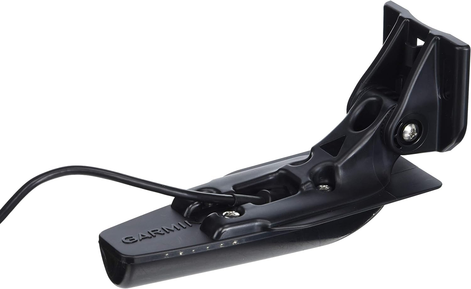 A black Garmin transducer with mounting bracket and cable, designed for use with Striker Vivid Fish Finders sonar technology.