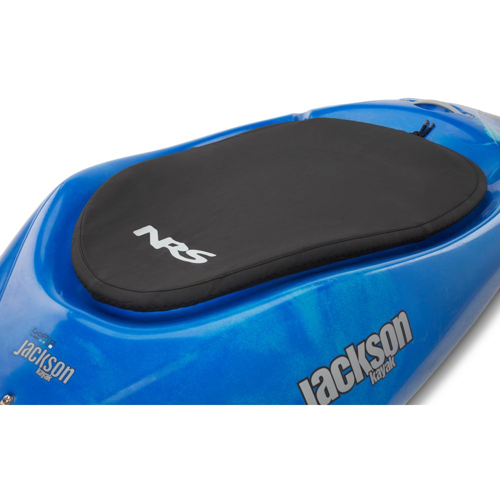 The blue kayak, equipped with a durable Super Stretch Cockpit Cover from NRS, featuring an adjustable shock cord, provides long-lasting protection for your paddling adventures.