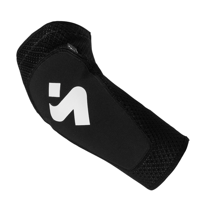 The Elbow Guard - Light by Sweet Protection is black and white, featuring a prominent logo on the front, joint protectors, and mesh-like material around the edges.