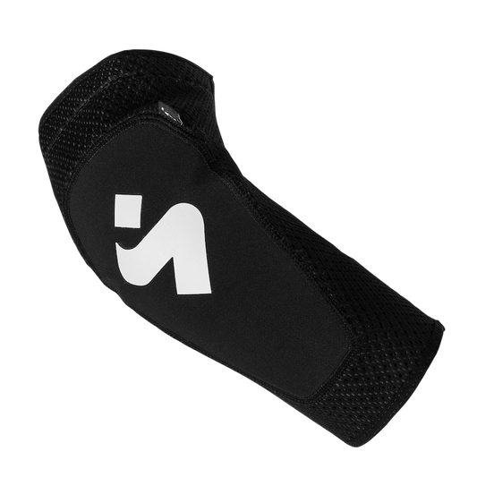 The Elbow Guard - Light by Sweet Protection is black and white, featuring a prominent logo on the front, joint protectors, and mesh-like material around the edges.