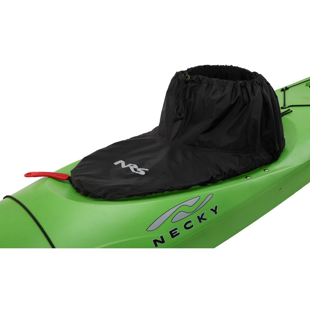 A green kayak with a Basic Nylon Sprayskirt, featuring the "NRS" logo on the black cover and the "NECKY" logo on the kayak.