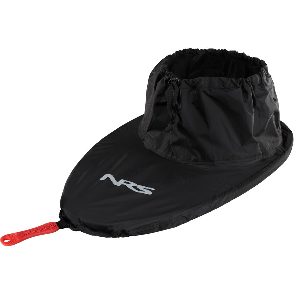 The NRS Basic Nylon Sprayskirt, ideal for flat water kayaking adventures, boasts a black design with an elastic casing and red pull handle. The standout NRS logo completes the look, making it perfect for touring kayak enthusiasts.