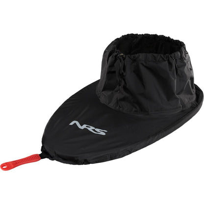 The NRS Basic Nylon Sprayskirt, ideal for flat water kayaking adventures, boasts a black design with an elastic casing and red pull handle. The standout NRS logo completes the look, making it perfect for touring kayak enthusiasts.