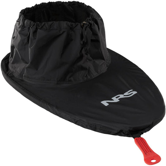 The NRS Basic Nylon Sprayskirt, in black with a red handle and NRS logo, fits snugly over your kayak's cockpit to keep water out during flat water adventures.