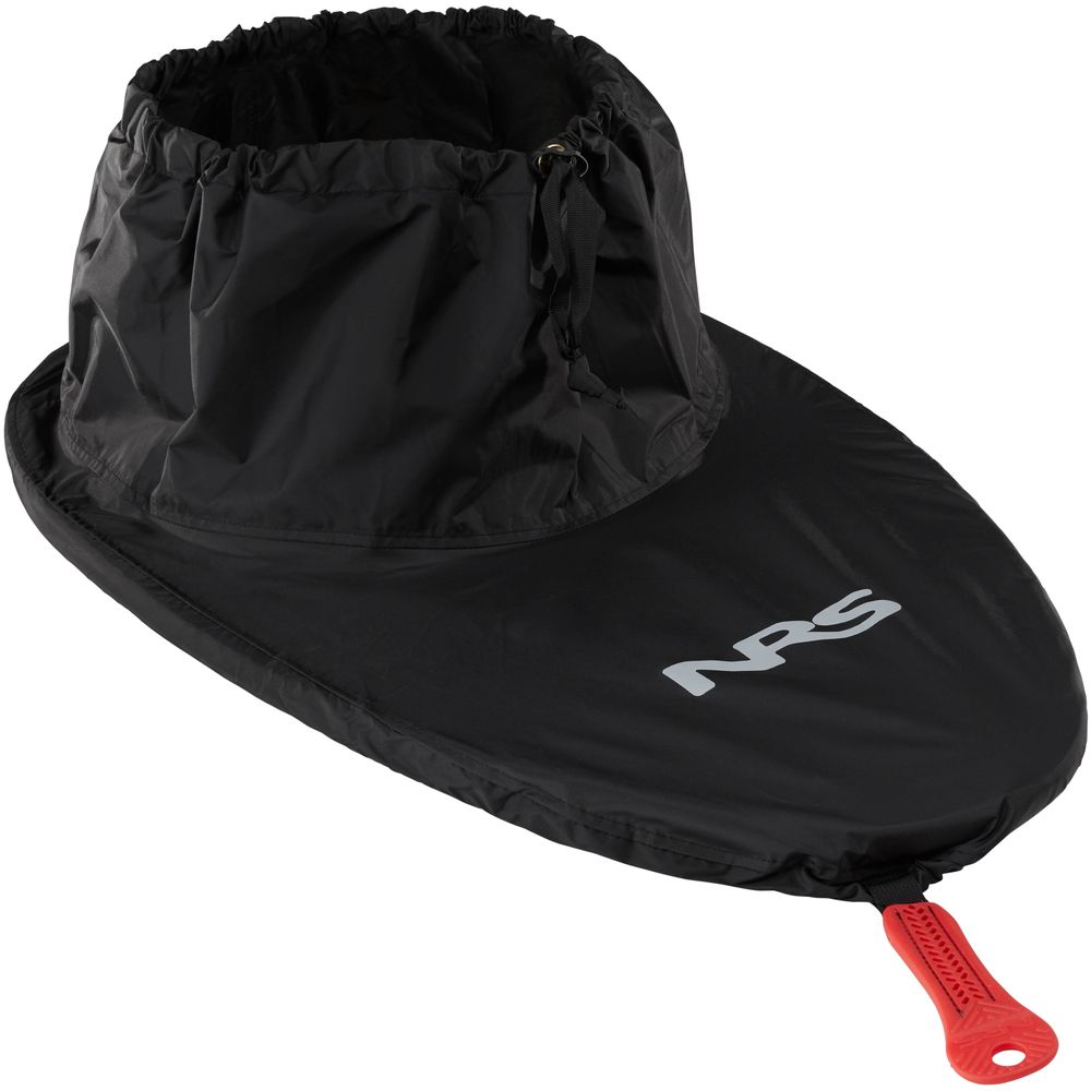 The NRS Basic Nylon Sprayskirt, in black with a red handle and NRS logo, fits snugly over your kayak's cockpit to keep water out during flat water adventures.