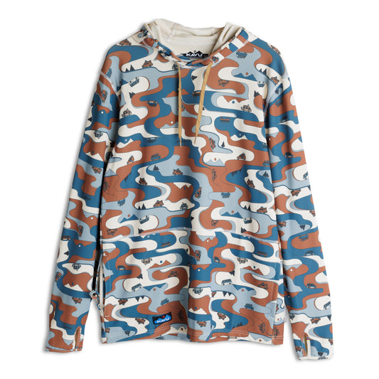 The Kavu Sol Hoodie by Kavu is a long-sleeve, hooded shirt with blue, brown, and white wavy patterns plus llama and cactus graphics, made from recycled polyester to provide UV protection.