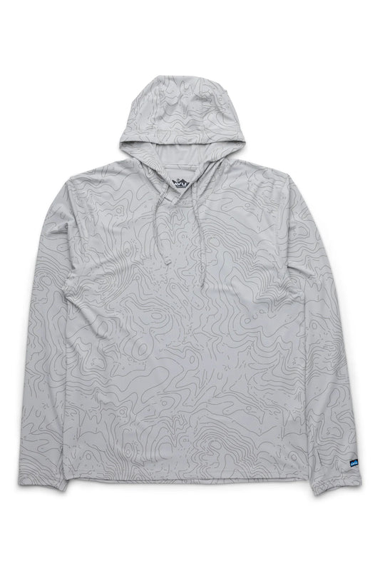 The Kavu Sunday Hoodie is a light gray, long-sleeve outdoor hoodie featuring a quick-dry fabric, drawstring hood, and subtle topographic map pattern, shown laid flat on a white background.