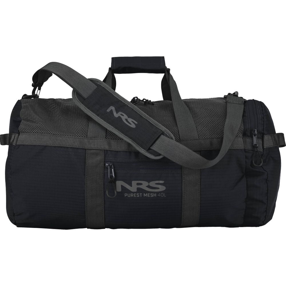 The NRS Purest Mesh Duffel, black and grey with polyester mesh panels, is ideal for paddling gear. It has multiple zippers, an adjustable strap, and prominently displays the NRS logo on the side.