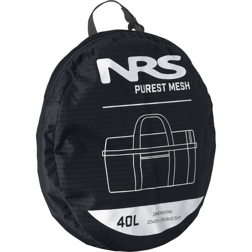 The NRS Purest Mesh Duffel, a stylish black round carrying bag, is labeled "Purest Mesh" and ideal for storing paddling gear. It offers a 40-liter capacity with dimensions of 22x12 inches and features durable polyester mesh panels.