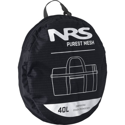The NRS Purest Mesh Duffel, a stylish black round carrying bag, is labeled "Purest Mesh" and ideal for storing paddling gear. It offers a 40-liter capacity with dimensions of 22x12 inches and features durable polyester mesh panels.