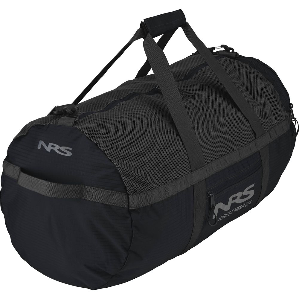 The NRS Purest Mesh Duffel is a black bag with gray straps and logo, featuring a zippered compartment and polyester mesh details, perfect for organizing paddling gear.
