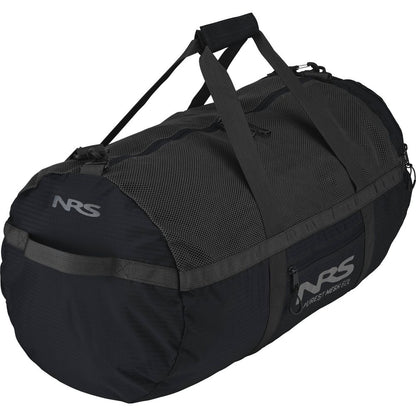 The NRS Purest Mesh Duffel is a black bag with gray straps and logo, featuring a zippered compartment and polyester mesh details, perfect for organizing paddling gear.