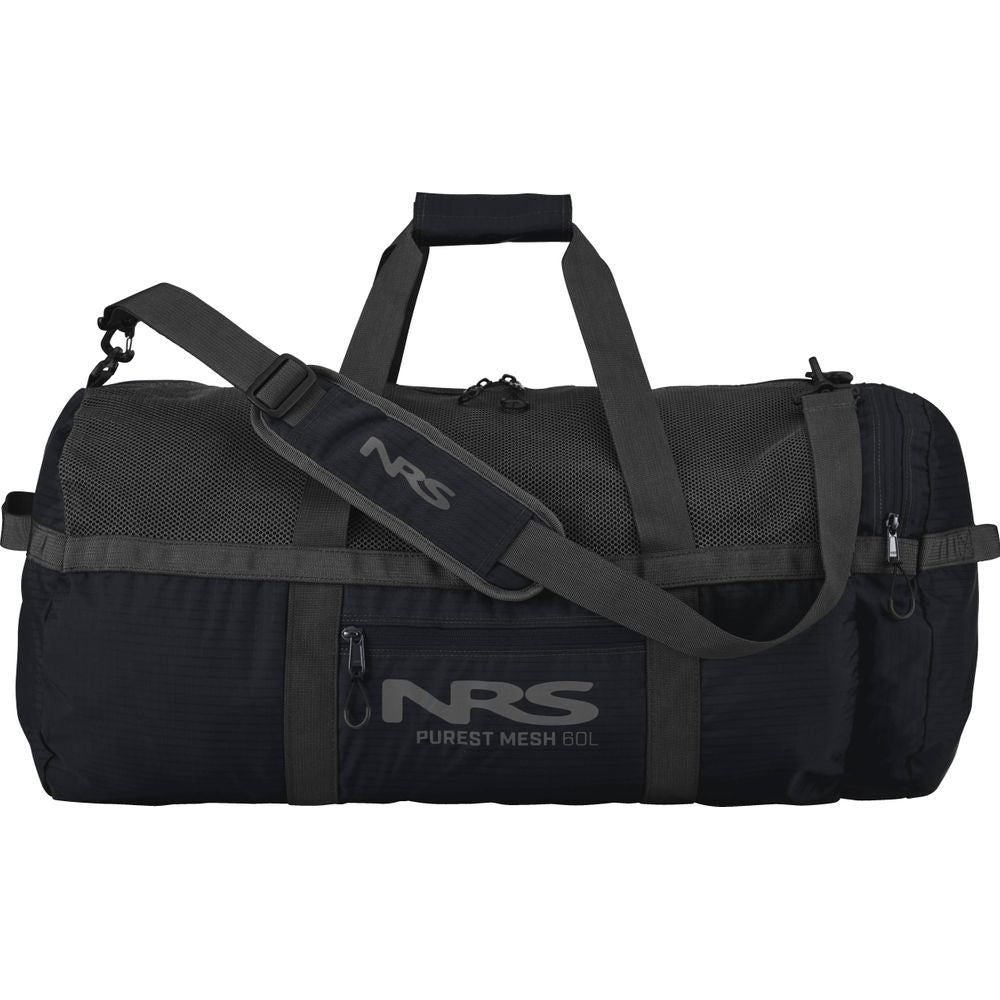 The NRS Purest Mesh Duffel, made from durable polyester mesh, includes a shoulder strap and carrying handles, ideal for organizing paddling gear.