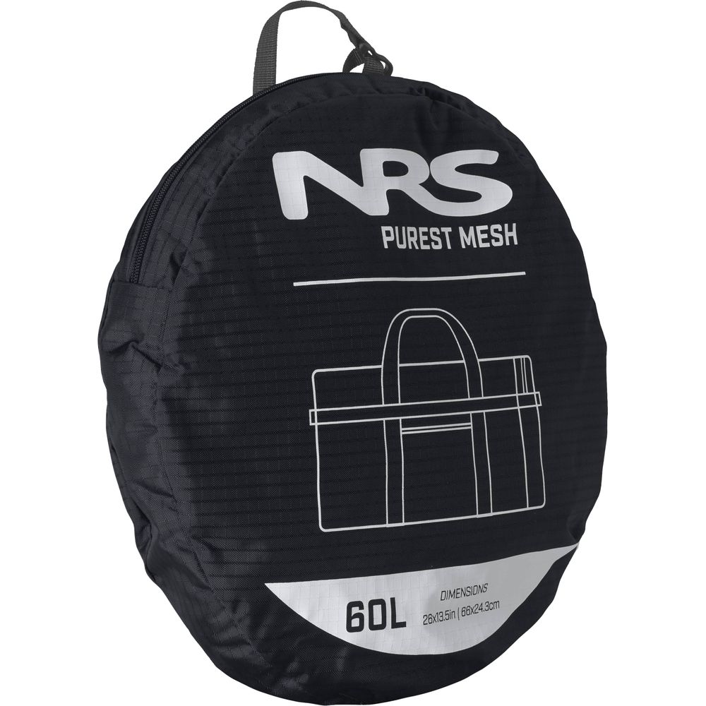 The NRS Purest Mesh Duffel is a black, round-shaped bag with carrying handles and a 60L capacity, ideal for organizing paddling gear. Made from durable polyester, this mesh bag offers breathability and strength for your adventures.