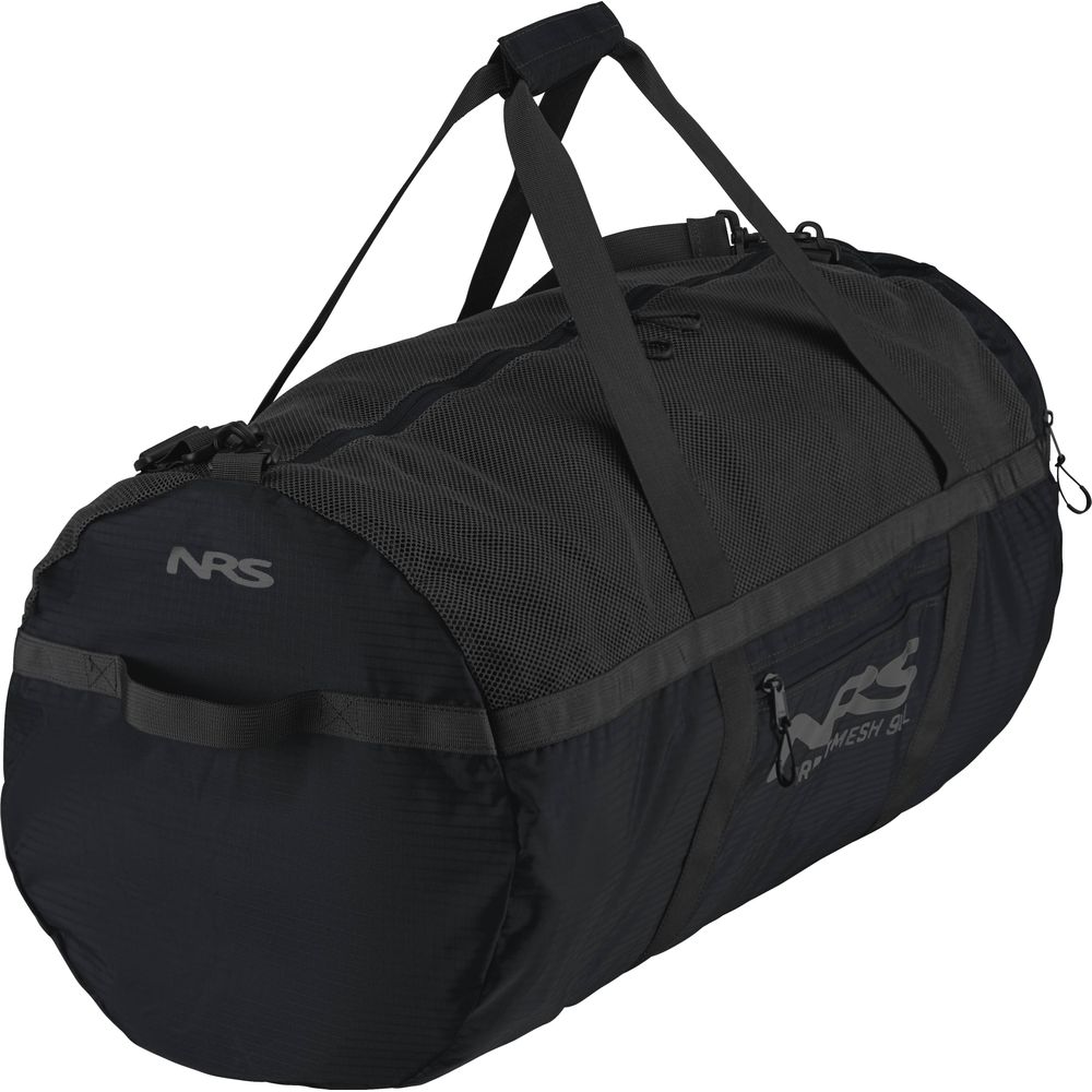 The Purest Mesh Duffel by NRS is a black cylindrical bag made of sturdy polyester, featuring carrying handles and the "NRS" logo on the side—ideal for paddling gear.