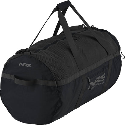 The Purest Mesh Duffel by NRS is a black cylindrical bag made of sturdy polyester, featuring carrying handles and the "NRS" logo on the side—ideal for paddling gear.
