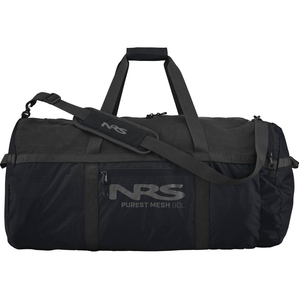 The NRS Purest Mesh Duffel, a 90L bag in black, is made from durable polyester mesh. It includes adjustable shoulder straps, top handles, and a front zippered pocket—perfect for paddling gear.