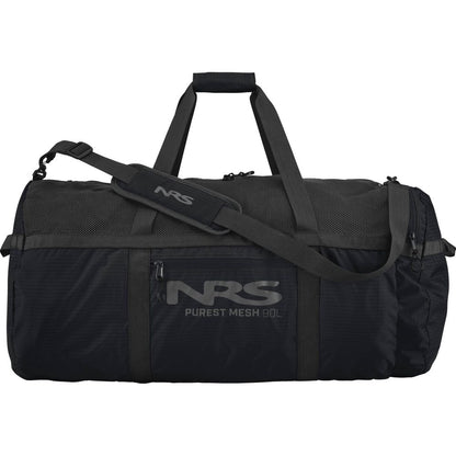 The NRS Purest Mesh Duffel, a 90L bag in black, is made from durable polyester mesh. It includes adjustable shoulder straps, top handles, and a front zippered pocket—perfect for paddling gear.