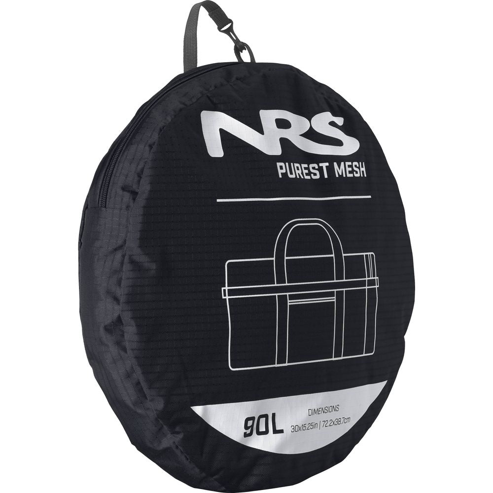 The round black NRS Purest Mesh Duffel is ideal for paddling gear. Featuring a simple line drawing of a duffel, this polyester mesh bag has printed "90L Dimensions 30x16.25in/76.2x42.2cm," perfect for efficiently organizing your essentials.