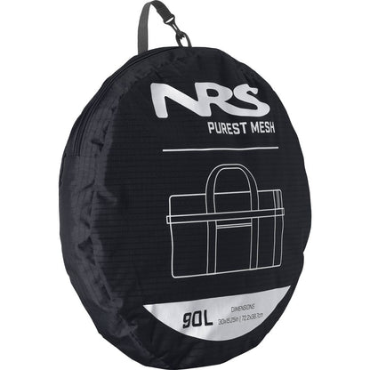The round black NRS Purest Mesh Duffel is ideal for paddling gear. Featuring a simple line drawing of a duffel, this polyester mesh bag has printed "90L Dimensions 30x16.25in/76.2x42.2cm," perfect for efficiently organizing your essentials.
