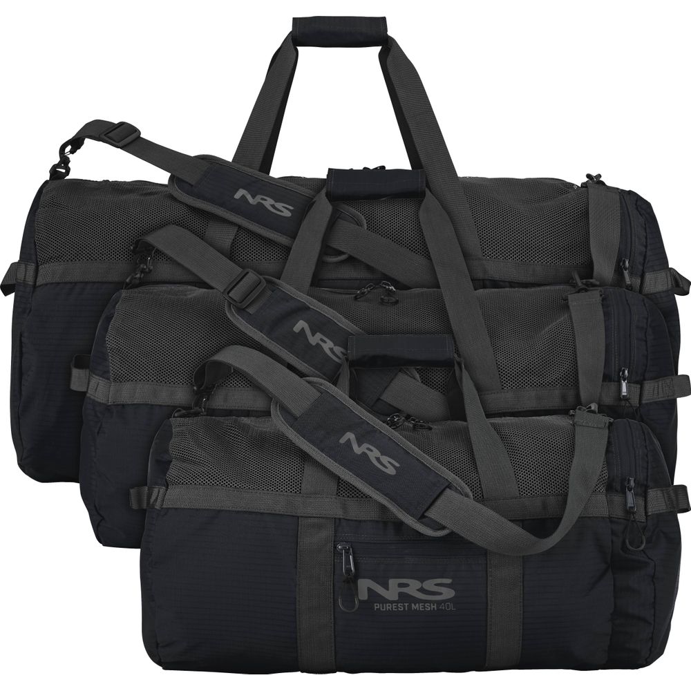 Three stacked NRS Purest Mesh Duffels in black and gray, made of durable polyester, feature adjustable shoulder straps and multiple compartments—ideal for paddling gear.
